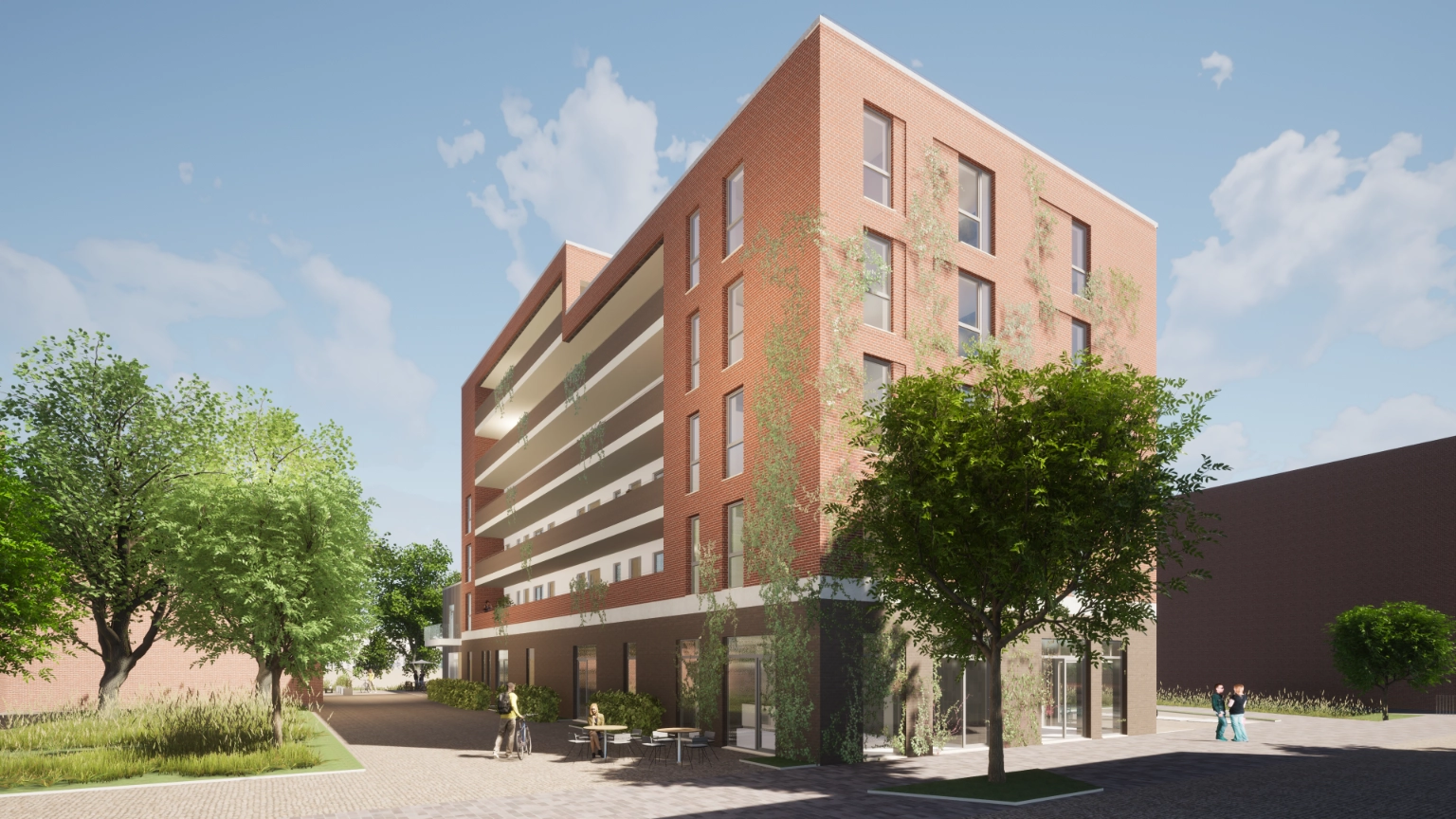 A computer-generated view of the north side of the building in good weather with a view of the arcade.