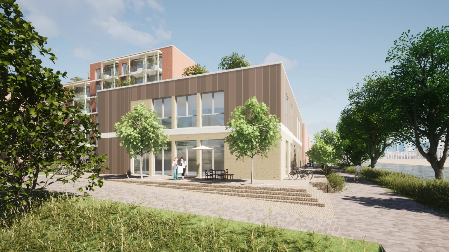 A computer-generated view of the south side of the building in good weather with a view along the canal.