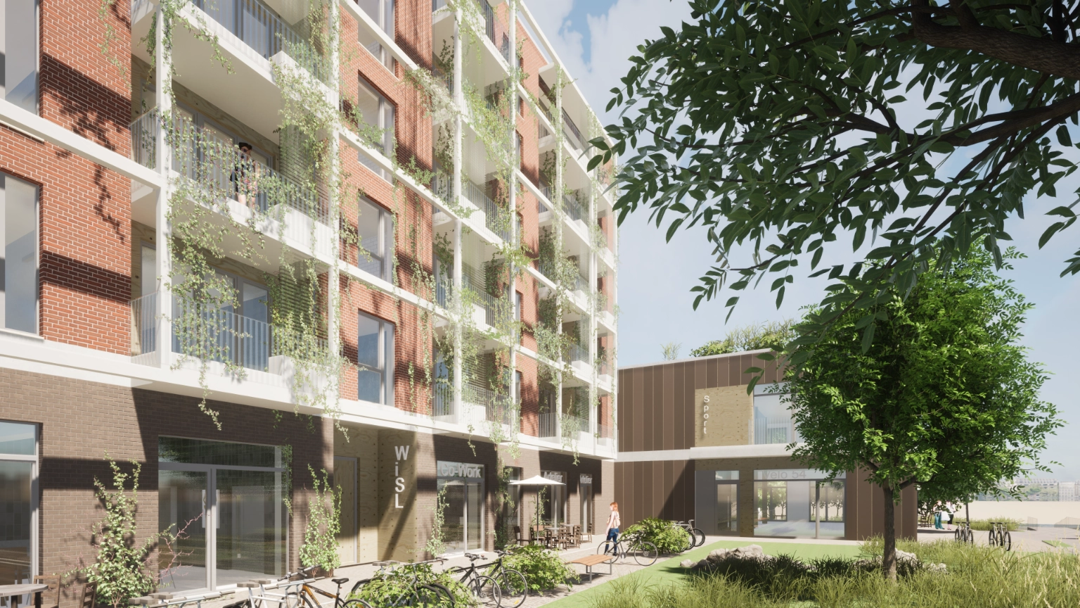 A computer-generated view of the south side of the building in good weather, looking across the courtyard.